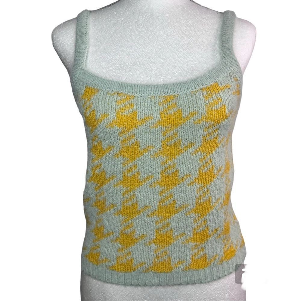 New! Blu Pepper Mint Green & Yellow Houndstooth Sweater Tank Women‘s Top Sz S